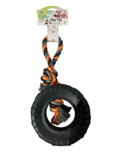 צמיג שחור עם חבל - צעצוע לכלב - L