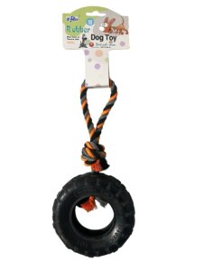 צמיג שחור עם חבל - צעצוע לכלב - M
