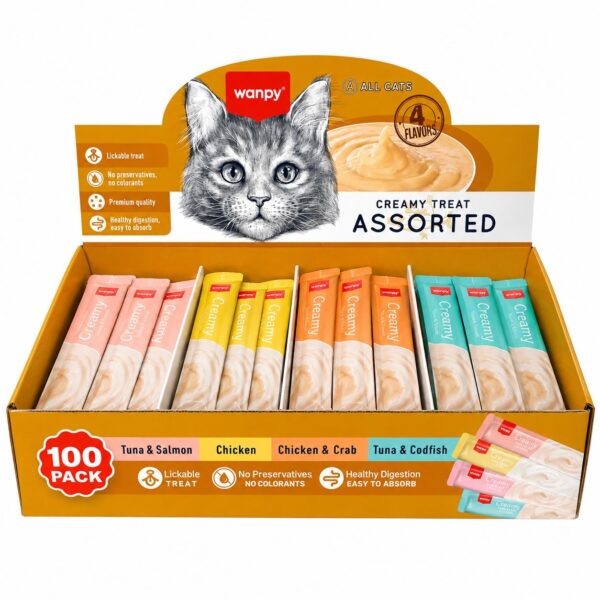 Wanpy Creamy Assorted – חטיף קרמי לחתולים במארז 4 טעמים – 100 × 14 גרם